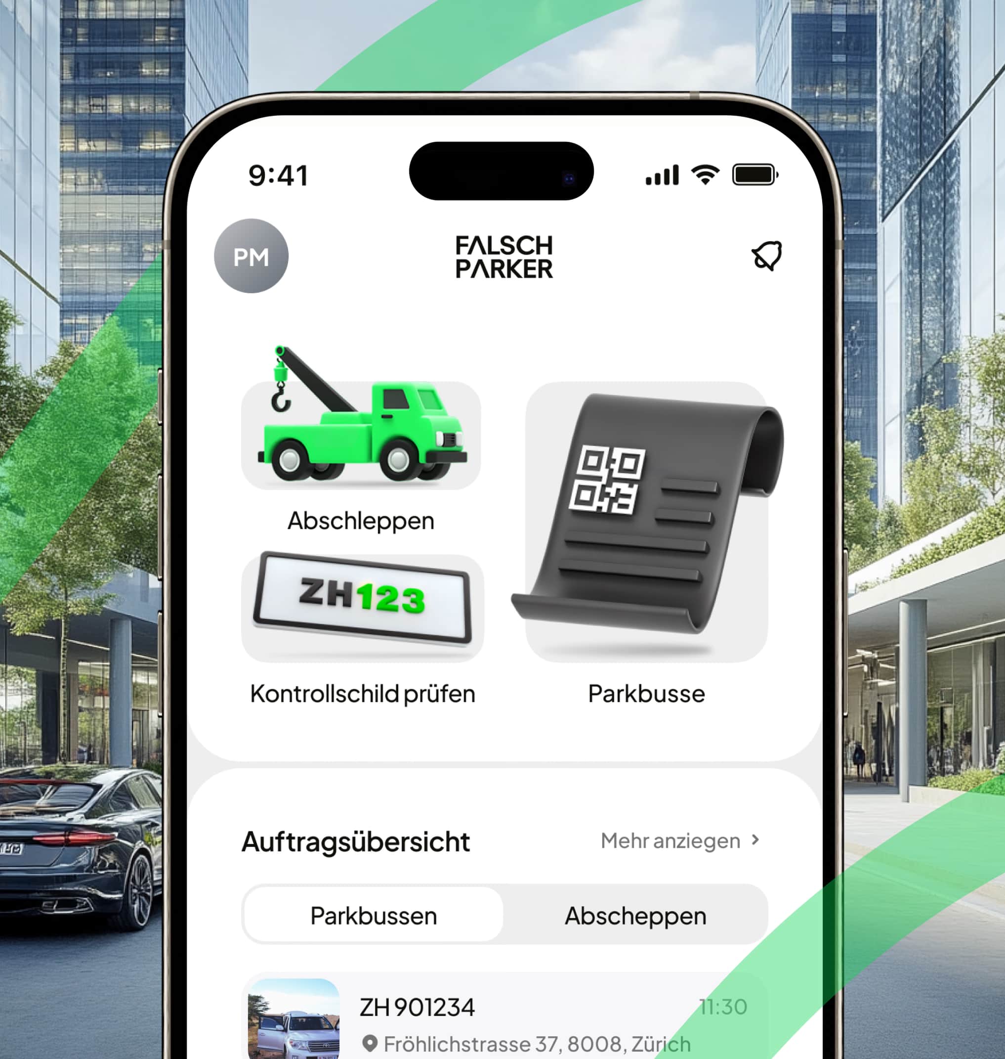 FalschParker App mit Abschleppen, Kennzeichen prüfen und Vertragsstrafen vor modernen Bürogebäuden
