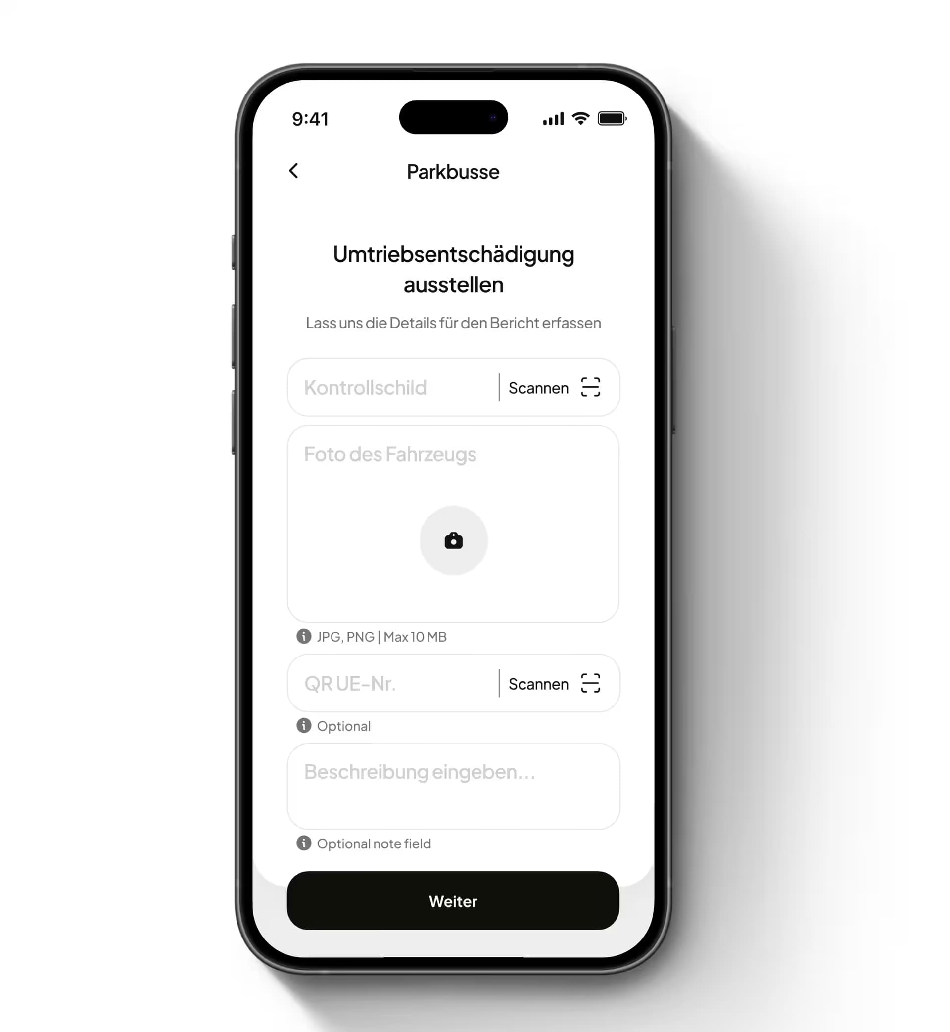 FalschParker App: Formular zum Ausstellen einer Vertragsstrafe mit Kennzeichen-Scan