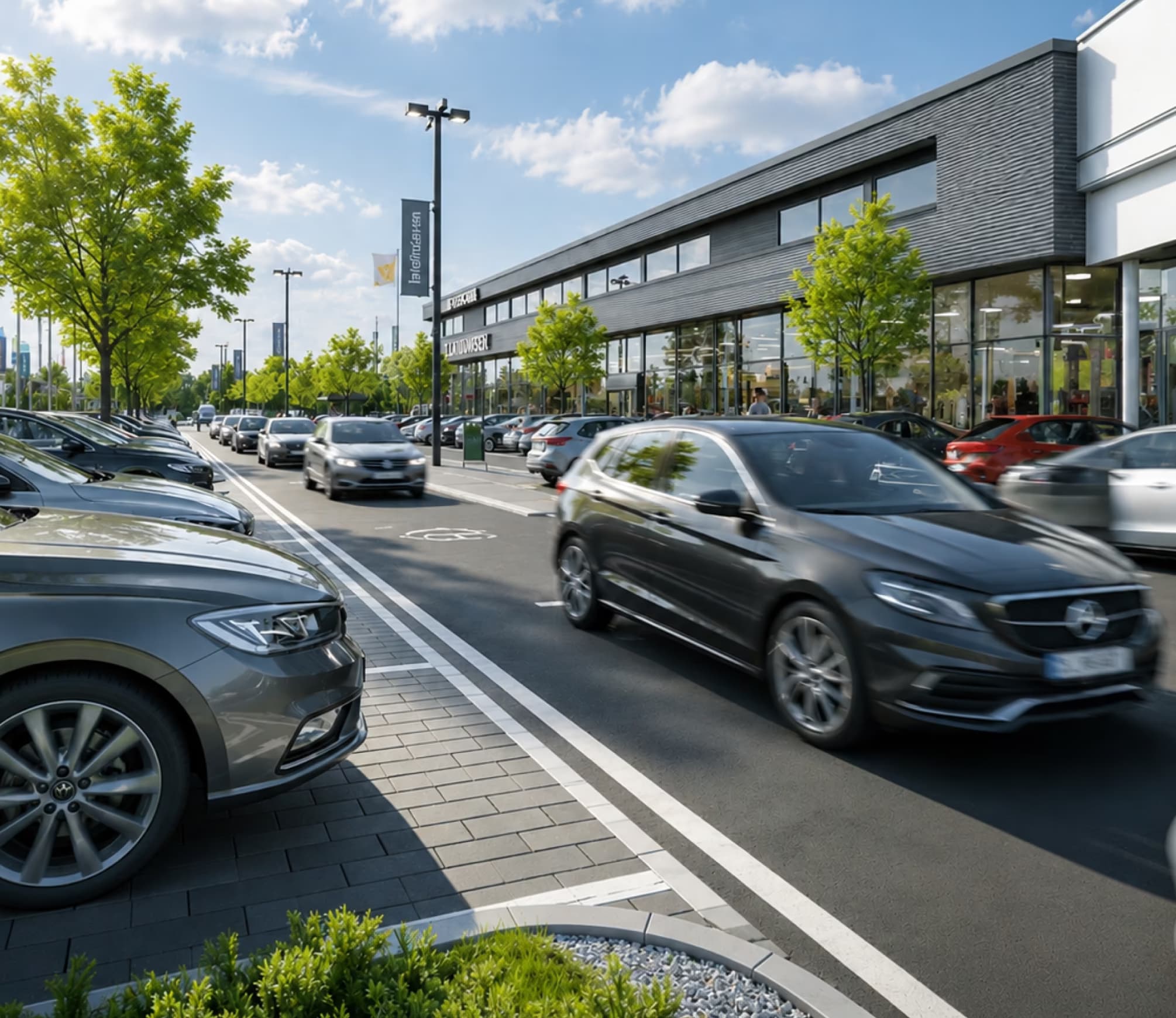 Voll belegter Kundenparkplatz mit Falschparkern